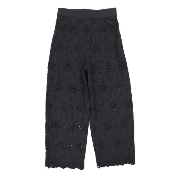 ZARA Wide Leg Sheer Eyelet Lace Crop Pants Soft Girl Boho Minimal Resort Black - Picture 4 of 7